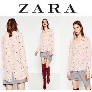 Zara Basics Crane Print Blouse Open Back Button Up Top
